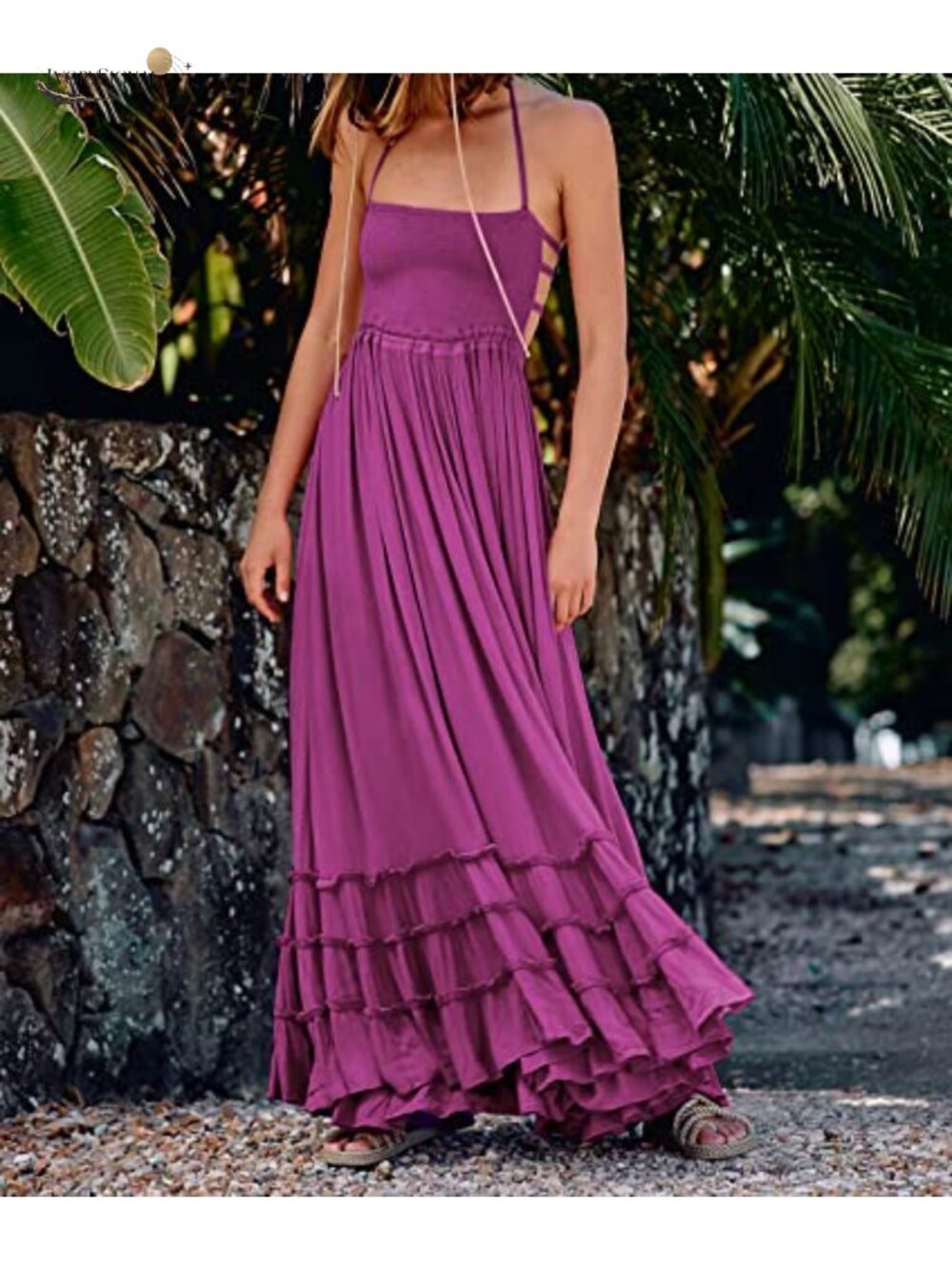R.Vivimos Summer Boho Backless Halter Maxi Dress Cotton Rayon - Picture 2 of 6